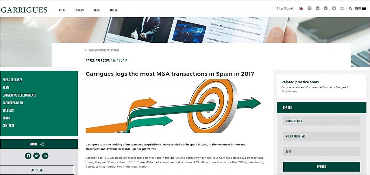 Garrigues logs the most M&A transactions in Spain in 2017